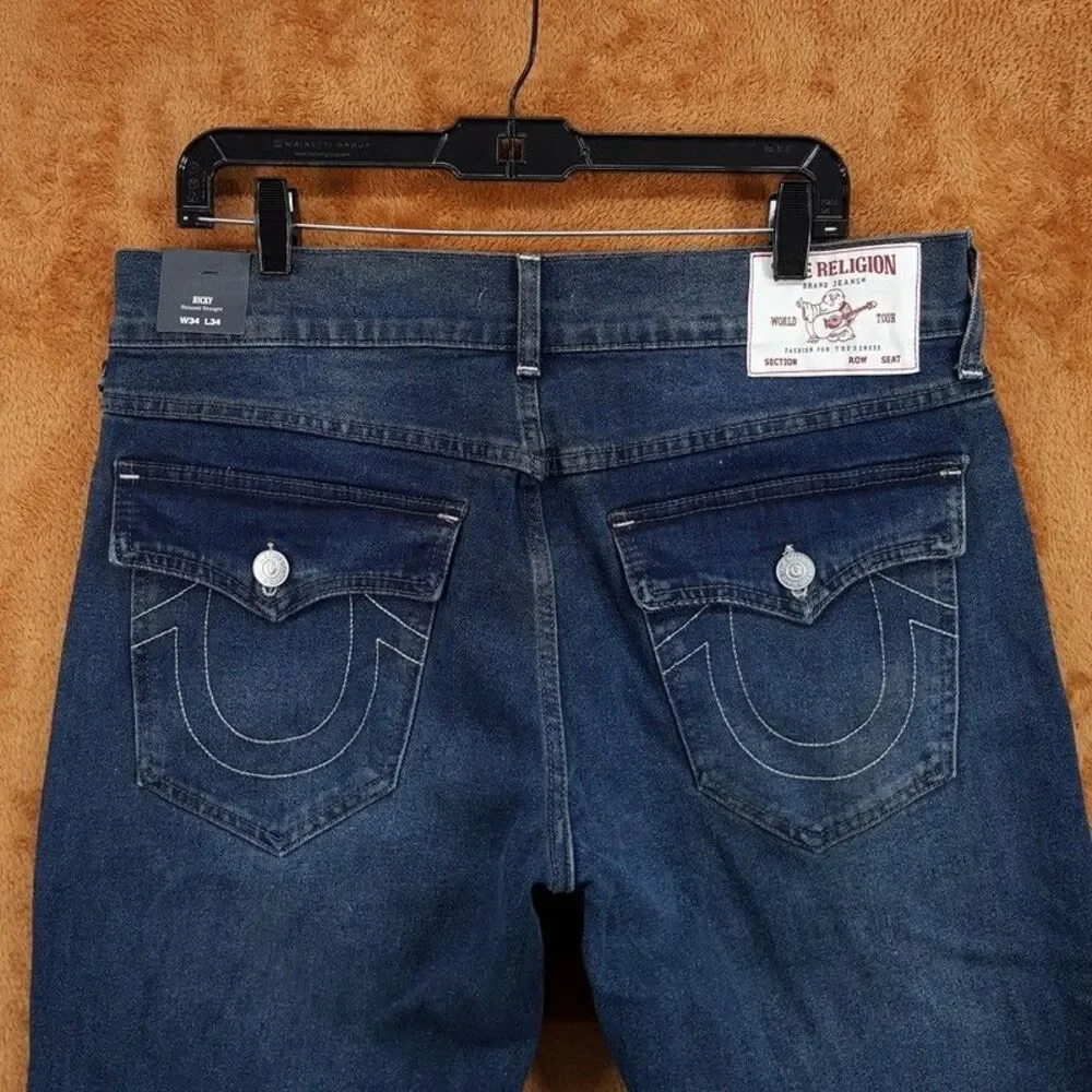 TRUE RELIGION Jeans Mens Size 34x34 Dark Wash RICKY Snap Flap Straight $159
